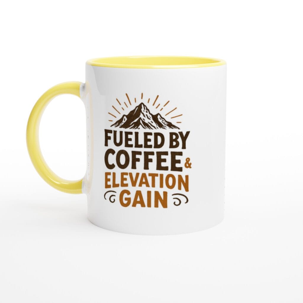 Fueled by Coffee & Elevation Gain Mug – White Ceramic 11oz Mug – Yellow Rim, Inside and Handle