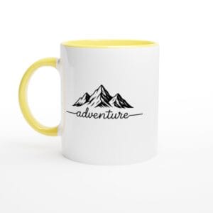 Mountains Coffee Mug – White Ceramic 11oz Mug – Yellow Rim, Inside and Handle
