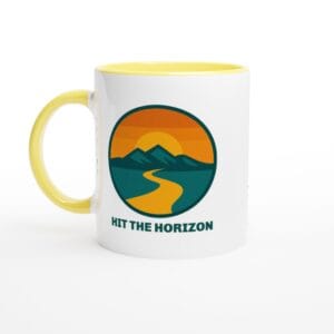 Hit The Horizon Mug – White Ceramic 11oz Mug – Yellow Rim, Inside and Handle