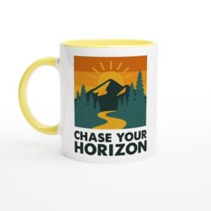 Chase Your Horizon Coffee Mug – White Ceramic 11oz Mug – Yellow Rim, Inside and Handle