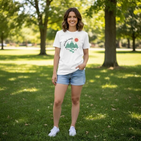 Adventure Awaits T-Shirt NL - White - Woman Mockup #1 Adventure Awaits T-Shirt NL - White - Woman Mockup #1